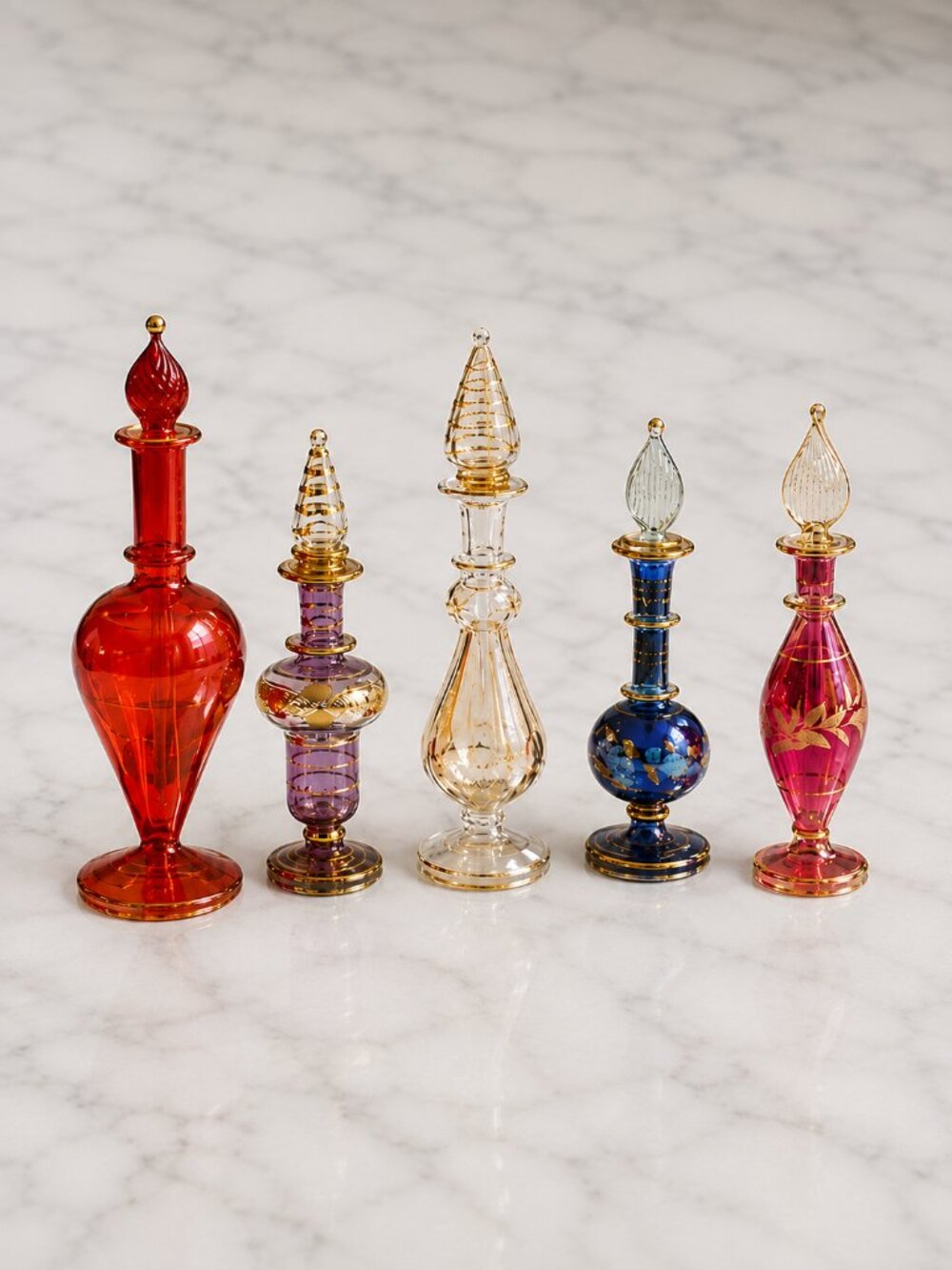 VTG Egyptian Hand Blown Glass Perfume Bottles Set of 5 Gold Decor Apothecary